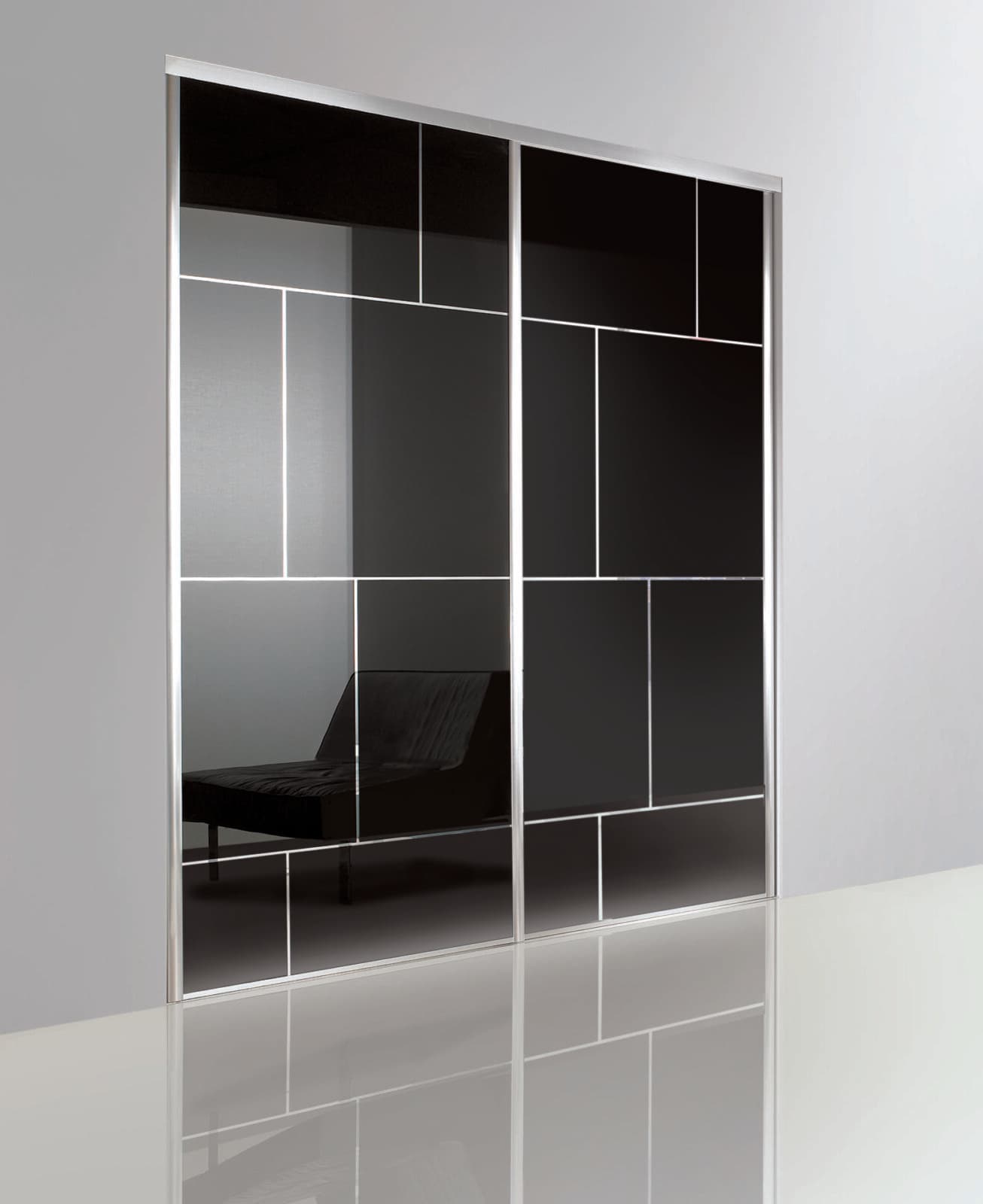 Façades coulissantes Eclipse, verre laqué noir et argenté, profil cères noir mat