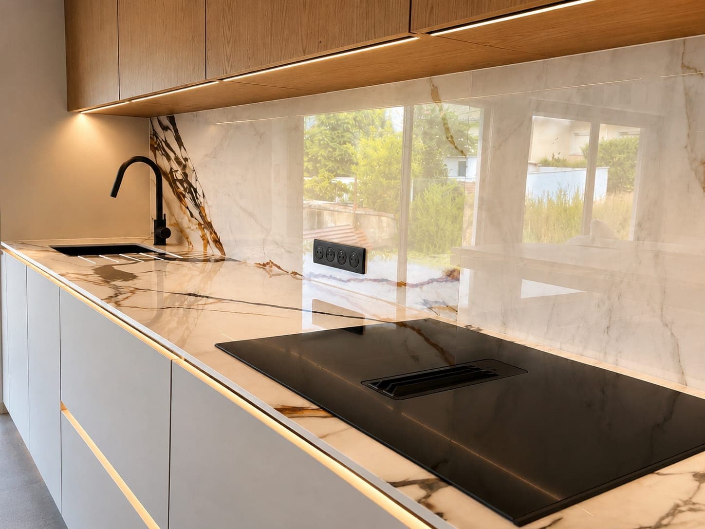 Plan de travail effet marbre avec évier noir, égouttoir rainuré dans la masse et plaque de cuisson à hotte intégrée, rubans LED sous les meubles hauts en bois